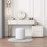 Beige dressing table set with drawers, stool, and mirror for makeup and vanity main product image